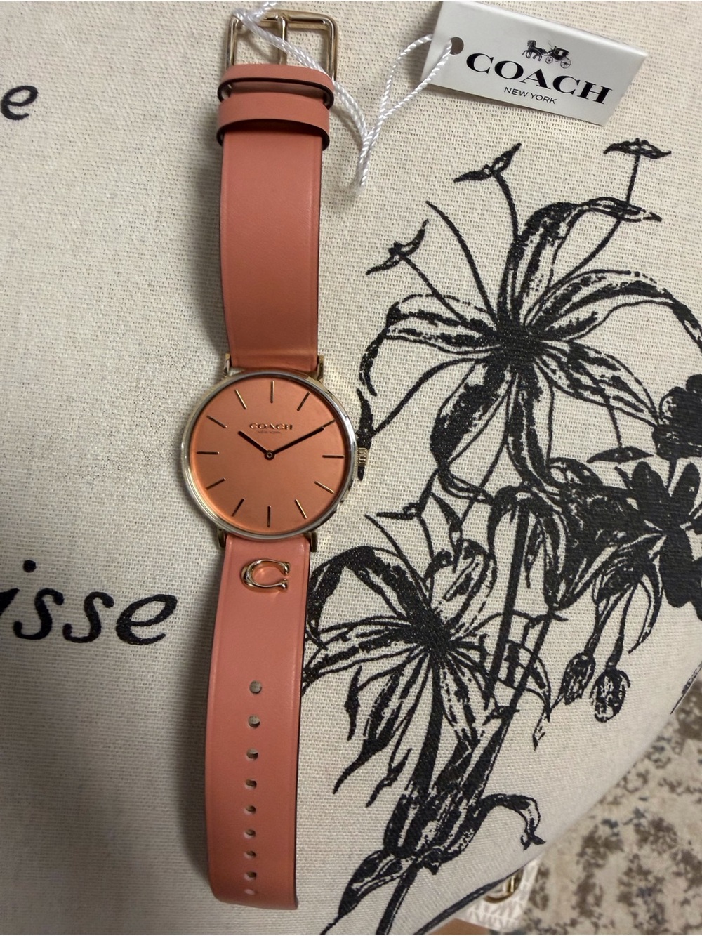 Coach Coral Pink Leather Strap Watch with Gold-Tone Case